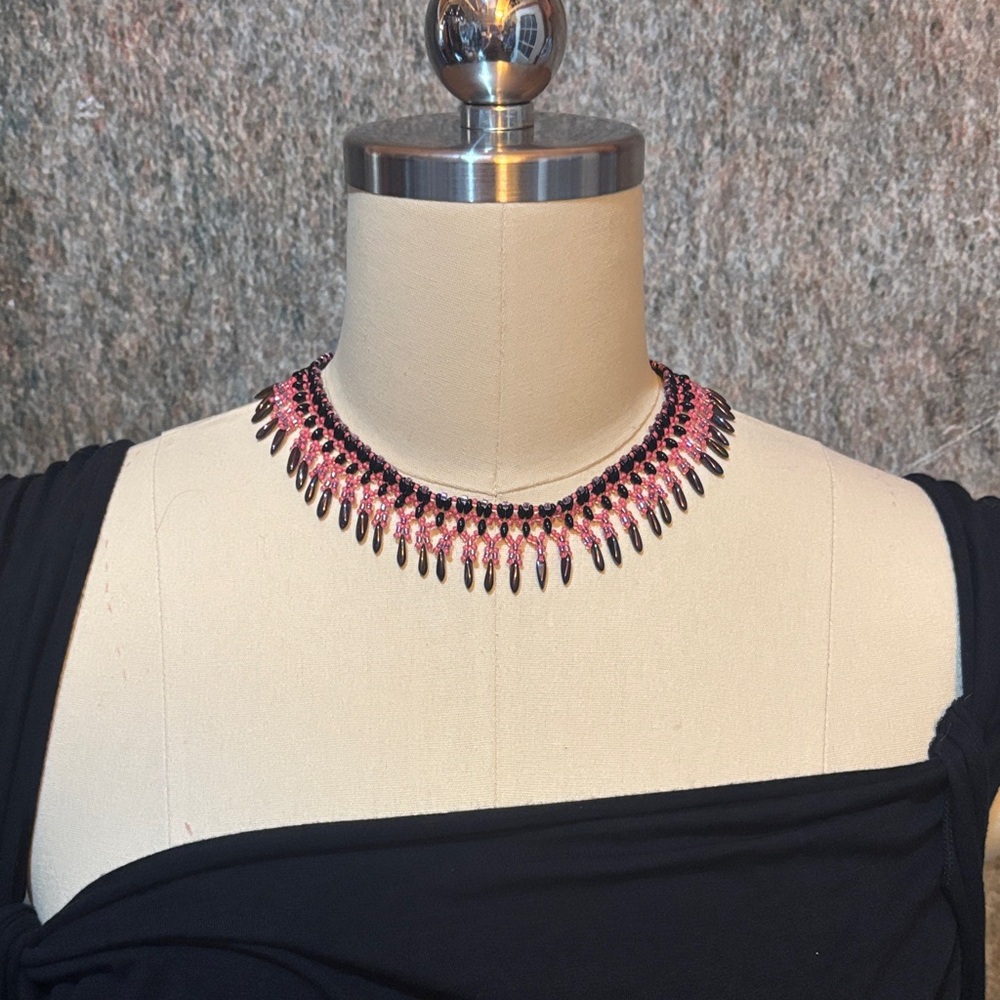 Handmade 15” Pink Black Iridescent Purple Drop Bead Choker Sliding Clasp